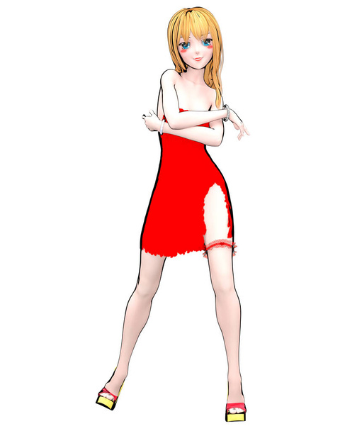 3D render sexy anime doll japanese girl big blue eyes bright makeup.Red short dress with slit.Lace garter on leg.Cartoon, comics, sketch, drawing, manga isolated illustration.Conceptual fashion art. - Foto, Imagen