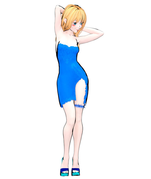 3D render sexy anime doll japanese girl big blue eyes bright makeup.Blue short dress with slit.Lace garter on leg.Cartoon, comics, sketch, drawing, manga isolated illustration.Conceptual fashion art. - Foto, Bild