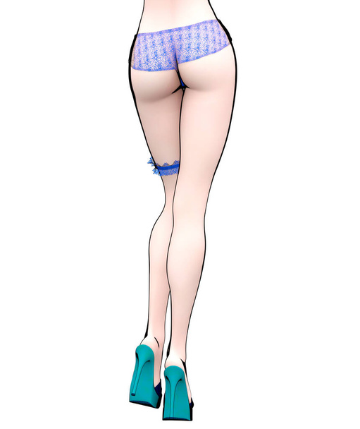 3D render sexy anime woman slim female legs.Blue pants.Lace garter on leg.Intimate collection of underwear.Cartoon, comics, sketch, drawing, manga isolated illustration.Conceptual fashion art. - 写真・画像