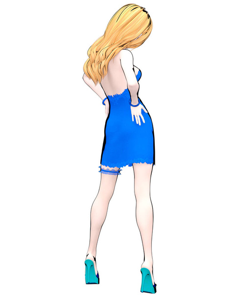 3D render sexy anime doll japanese girl big blue eyes bright makeup.Blue short dress with slit.Lace garter on leg.Cartoon, comics, sketch, drawing, manga isolated illustration.Conceptual fashion art. - Φωτογραφία, εικόνα