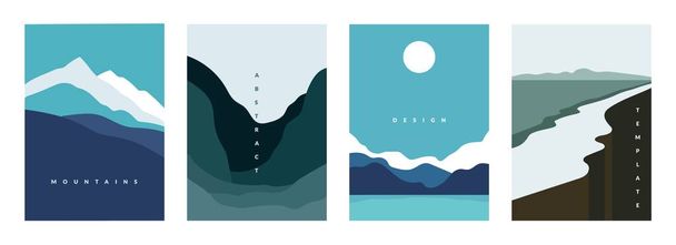 山の抽象的なポスター。丘、川や湖、ミニマリストの自然シーンと幾何学的な風景バナー。流れと曲線を持つベクトルチラシ - ベクター画像