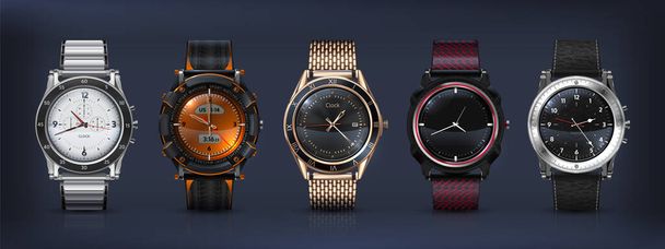 Реальні наручні годинники. 3D класичні та сучасні бізнес-годинники з хронографічним металевим та шкіряним браслетом та різними обличчями годинників. Векторний набір
 - Вектор, зображення
