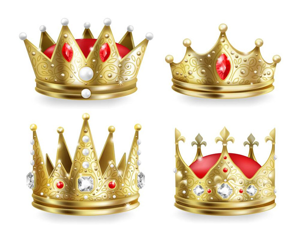 Realistisia kruunuja. Kuninkaat ja kuningattaret kultainen kuninkaallinen päähine, 3D keskiaikainen keisari ylellisyyttä kokoelma. Vektori eristetty kultainen hallitsija kruunu asetettu
 - Vektori, kuva