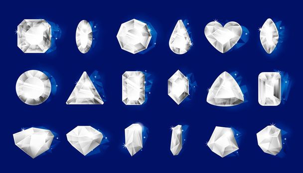 Diamanti realistici. Pietre gioiello realistiche con bordi lucidi, gioielli 3D cristalli trasparenti di diverse forme isolate su bianco. Set vettoriale di gemme
 - Vettoriali, immagini