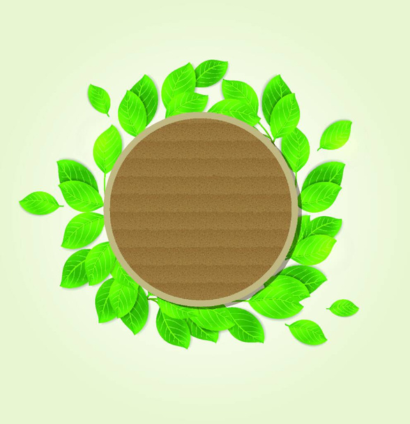 Round cardboard label with green leaves. Vector illustration. - Διάνυσμα, εικόνα