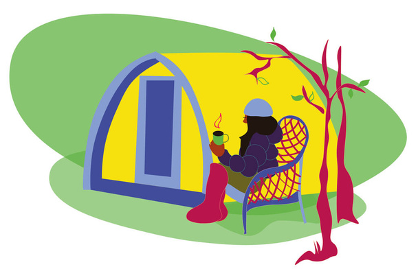 Glamping illustratie vrouw ontspannen in de natuur in de buurt van een lux kamp. In glamping zit een vrouw te drinken. Geïsoleerd in witte achtergrond. - Vector, afbeelding