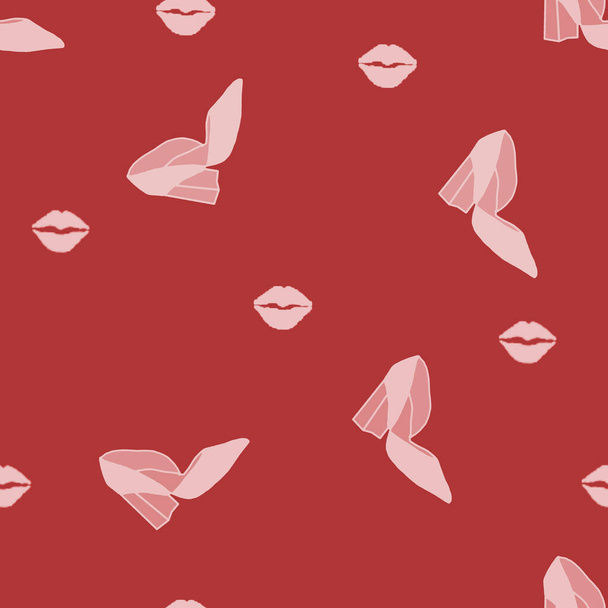 nahtloses Schuhmuster. Glamour Design-Element. Hochhackige rosa Schuhe und Lippenprint auf rotem Hintergrund für Packpapier und Verkaufspakete. Modische Illustration. - Foto, Bild