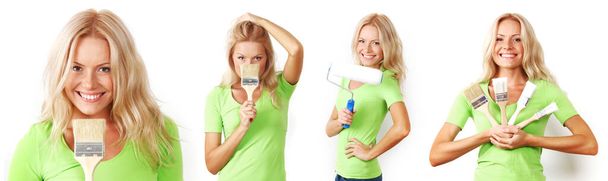 Funny young woman with new clean paint brush and paint roller isolated on white background, set of pictures, renovation design tools concept - Foto, Bild