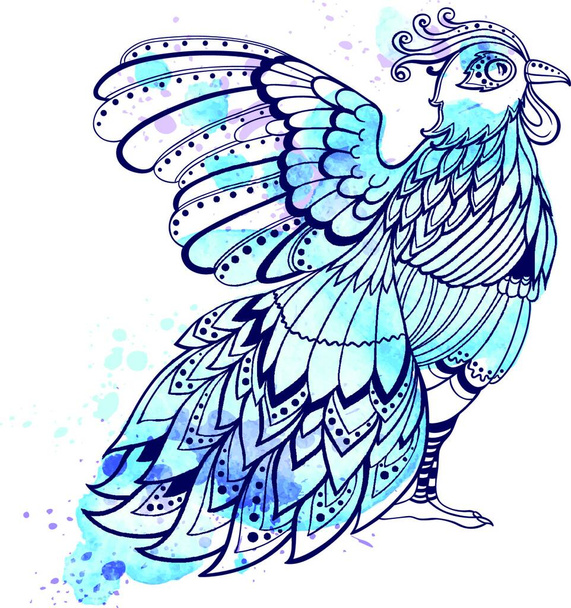 Hand drawn decorative bird with blue watercolor texture. - ベクター画像