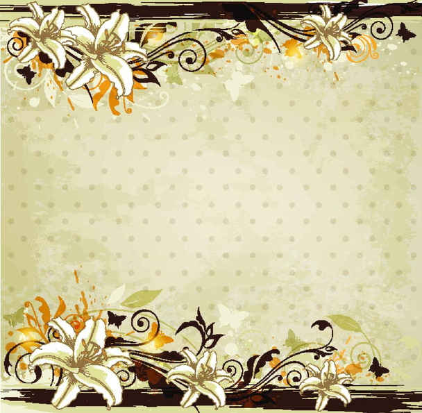 Decorative floral vintage vector background with lily and butterflies. - Vektor, kép