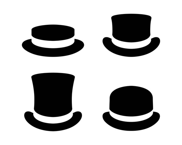 Hüte grafische Symbole gesetzt. Bootsmütze, Zylinder und Melone schwarze Schilder auf weißem Hintergrund. Vektorillustration - Vektor, Bild