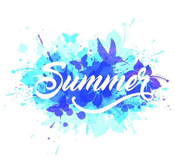 Abstract blue summer tropical background with bird, flowers and lettering - Vektor, obrázek