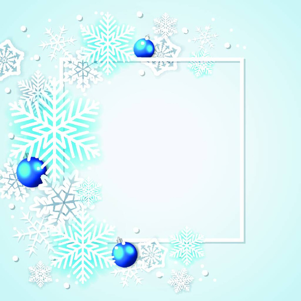 Holiday background with white snowflakes and blue decorations in frame. Abstract Christmas banner. - Вектор,изображение