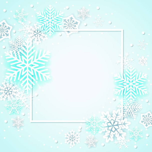 Holiday background with white and blue snowflakes in frame. Abstract Christmas banner. - Vector, Image