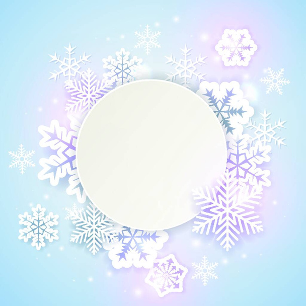 Shining holiday background with white paper snowflakes. Abstract round Christmas banner. - Vetor, Imagem