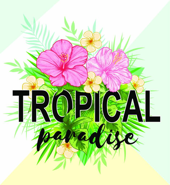 Abstract tropical background with green leaves and pink flowers. Tropical paradise lettering - Wektor, obraz