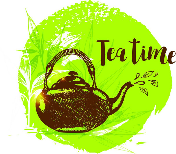 Teapot and bamboo branch on a green background in vintage style. Lettering Tea time - Vecteur, image