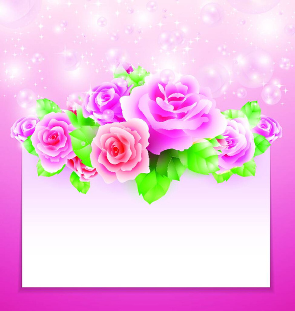 Glowing background with roses bubbles and paper banner - ベクター画像