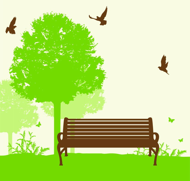 Bench under a green tree in the park. Vector illustration - Vektori, kuva