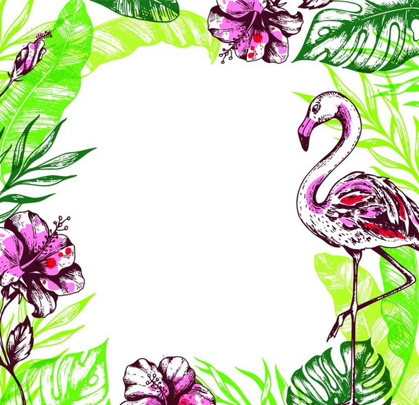 Summer floral tropical frame with green palm leaves, hibiscus flowers and pink flamingo. Tropical plants on a white background. Hand drawn vector illustration. - Vecteur, image