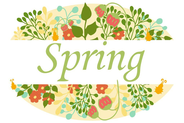 Modern elegáns szezonális illusztráció vektorban. Virágos elemek kézzel rajzolt firka stílusban. Tavaszi üzenet. Gyönyörű, harmonikus színek. Az év szezonja. Nyomtatás vagy poszter - Vektor, kép