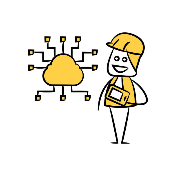 inženýr drží chytrý telefon a cloudová síť žlutá tyčka obrázek téma - Vektor, obrázek