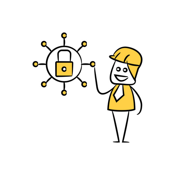 ingenieur en sleutel voor netwerk beveiliging concept geel stick figuur thema - Vector, afbeelding
