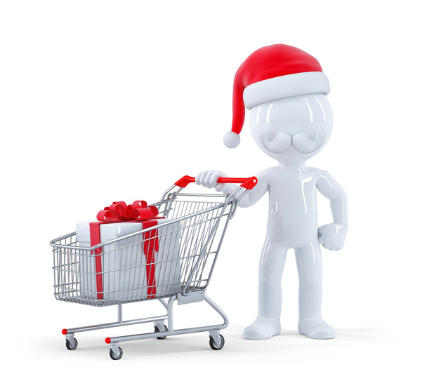 Cute 3d santa with shopping cart and christmas gift - Zdjęcie, obraz