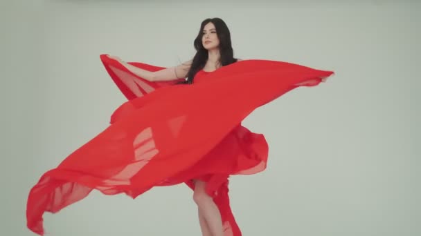 portrait d'une belle femme en robe rouge flottant dans le vent. tissu agitant dans le vent. image à la mode pour la publicité des parfums ou d'autres concepts
. - Séquence, vidéo