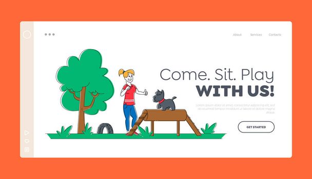 Happy Woman Training Dog in Park or Special Area Landing Page Template. Girl Character Playing with Puppy Spend Time with Domestic Animal. Friendship, Active Lifestyle. Linear Vector Illustration - Vector, Image