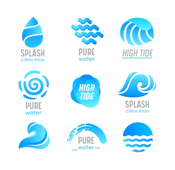 Набір блакитних крапель води та морських хвиль різної форми з типографією ізольовано на білому тлі. Мінімалістичні піктограми, мітки або знаки для рекламного банера. Векторна ілюстрація
 - Вектор, зображення