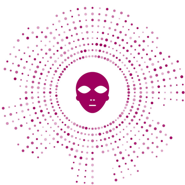 Фіолетова піктограма прибульця ізольована на білому тлі. Позаземний інопланетний символ обличчя або голови. Абстрактне коло випадкових точок. Векторна ілюстрація
 - Вектор, зображення