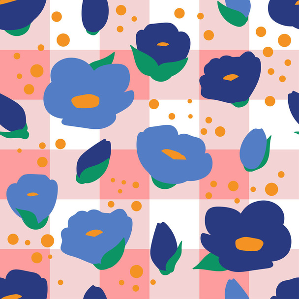 seamless pattern with blue flower buds on a checkered pink tablecloth. Modern abstract design for paper, cover, fabric, interior decor - Vector, Image