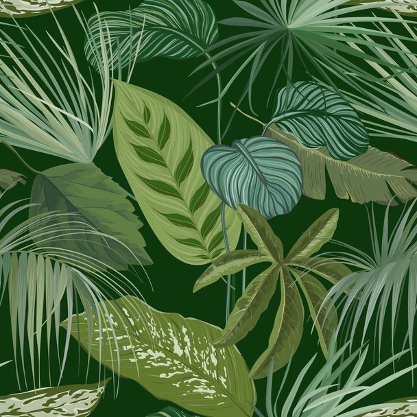 Zelené botanické pozadí s tropickými listy a větvemi, hladký vzor, realistický spathiphyllum kanifolium balicí papír nebo textil tisk, deštný prales tapety ornament. Vektorová ilustrace - Vektor, obrázek