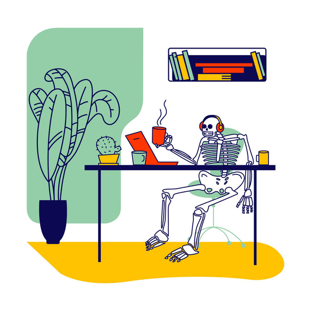 Personagem de esqueleto usando fone de ouvido sentado na mesa do escritório com xícara de café na mão Olhando na tela do laptop. Workaholic em Job, Prazo ou sobrecarga de trabalho, Compromisso Conceito. Ilustração Linear do Vetor
 - Vetor, Imagem