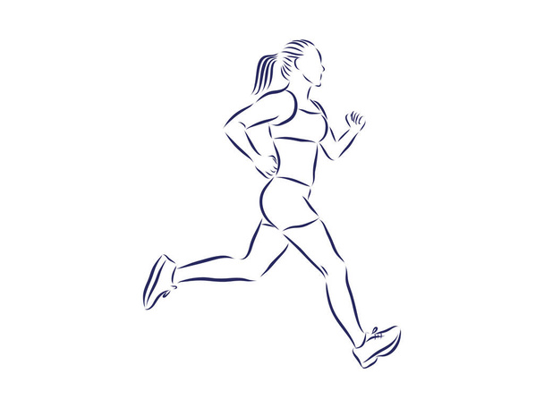 running woman silhouette, outlined vector sketch, fitness concept. vector - Vector, Image