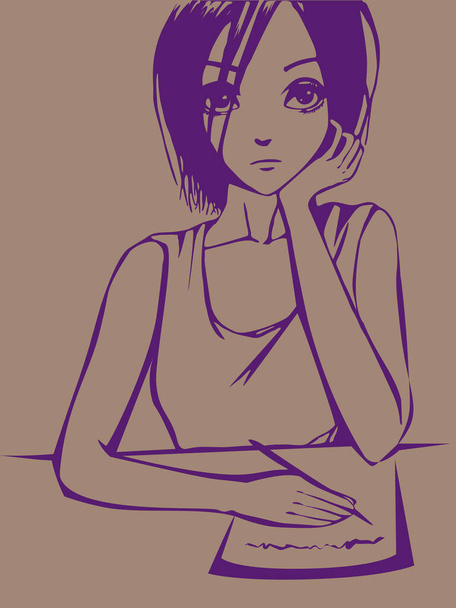 Pensive manga girl writing on the paper and looking into the distance - Vector, Image