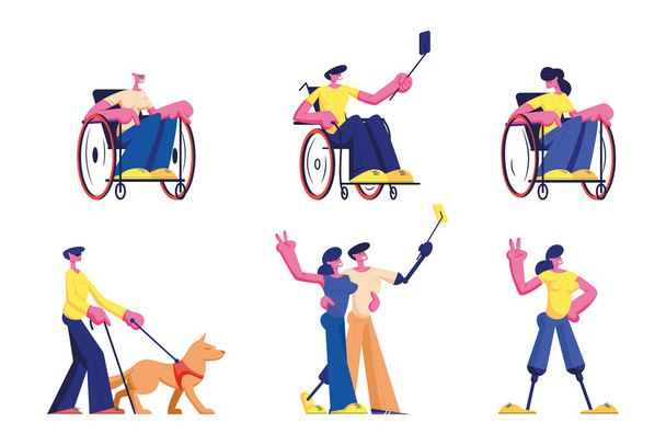 Soubor životního stylu osob se zdravotním postižením. Mužské a ženské handicapované postavy Mladí a staří muži a ženy na invalidním vozíku, procházka se psím průvodcem, aby Selfie, Seznamte se s přáteli. Cartoon Vector Illustration - Vektor, obrázek