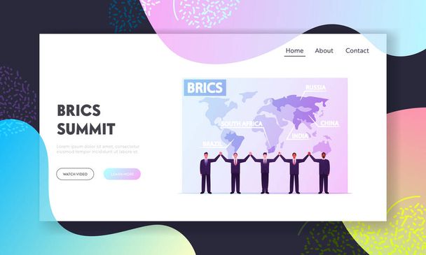 Brics Association Landing Page malli. Kansantaloudet Brasilia, Venäjä, Intia, Kiina, Etelä-Afrikka Maan johtajat Merkit Pidä kädet maailmankartalla tausta. Sarjakuva ihmiset vektori kuvitus
 - Vektori, kuva