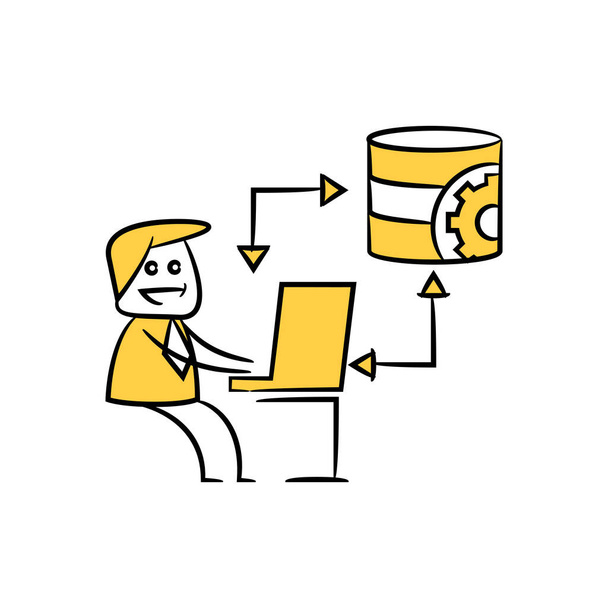 podnikatel, vývojář používající počítač propojený se serverem žlutý stick figure design - Vektor, obrázek