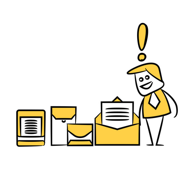 zakenman en mails geel stick figuur ontwerp - Vector, afbeelding