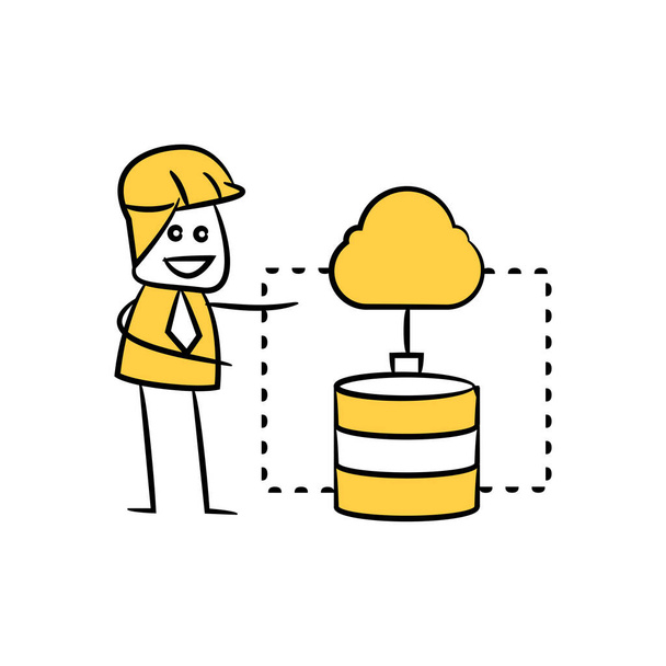 inženýr a cloudová synchronizace se žlutým motivem obrázku tyčinky serveru - Vektor, obrázek