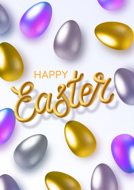 Happy easter with easter holographic, gold and silver eggs. 3D realistic metallic lettering Easter. Horizontal template for products, advertizing, web banners, leaflets, certificates and postcards - Διάνυσμα, εικόνα
