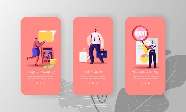 Consulting Auditors Service, Audit Financial Report Mobile App Page Onboard Screen Template. Tiny People Characters Analysing Business Company Balance Statement Concept. Illustration vectorielle de bande dessinée
 - Vecteur, image