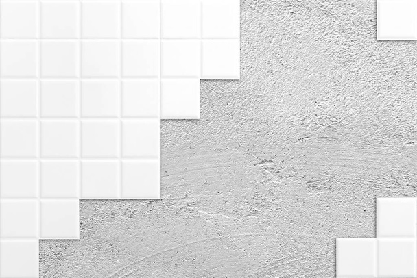 Fehér csempe és szürke beton textúra, háttér tapéta. - Fotó, kép