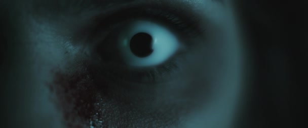 Korkunç zombi kadın, beyaz gözü kapat. Korkunç bir bakış. Kadın zombiye dönüşümü. Korku filmi tarzı çekim. Yakın çekim, yavaş çekim, sinematik görünüş. BMPCC 4K - Video, Çekim
