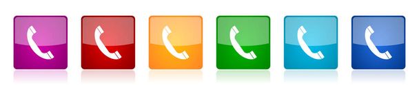 Phone icon set, kleurrijke vierkante glanzende vector illustraties in 6 opties voor web design en mobiele toepassingen - Vector, afbeelding