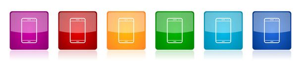 Smartphone icon set, mobile phone colorful square glossy vector illustrations in 6 options for web design and mobile applications - Vektör, Görsel