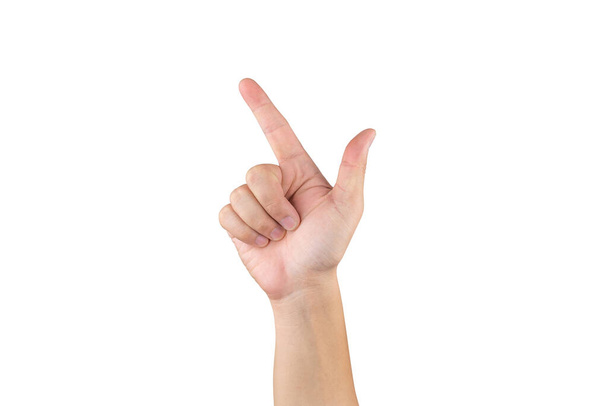 Ασιατικό χέρι δείχνει και μετράει 7 δάχτυλα σε απομονωμένο λευκό φόντο με μονοπάτι απόληξης - Φωτογραφία, εικόνα