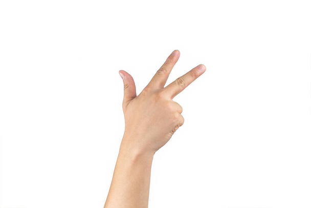 Asiatische Rückhand zeigt und zählt 8 (acht) Zeichen am Finger auf isoliertem weißem Hintergrund. Steilpfad - Foto, Bild
